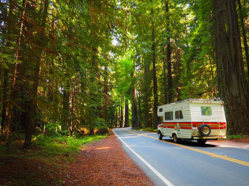 A photograph of a retro RV driving through the forest